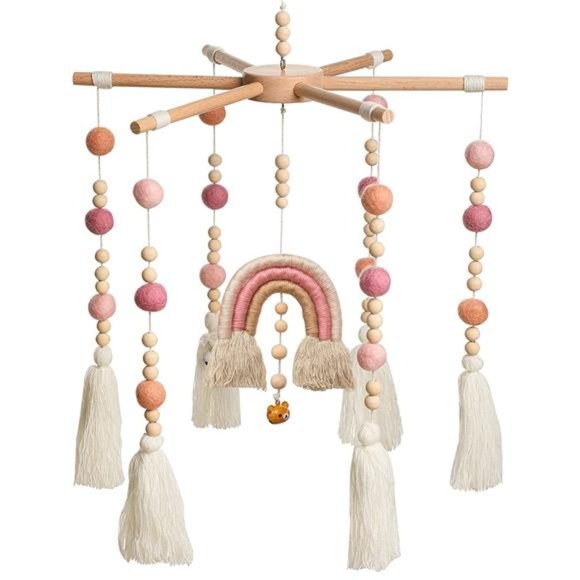 Rainbow Crib Mobile Wooden Mobile with Colorful Cotton Ball Wool ( Pink ) - Picture 1 of 6